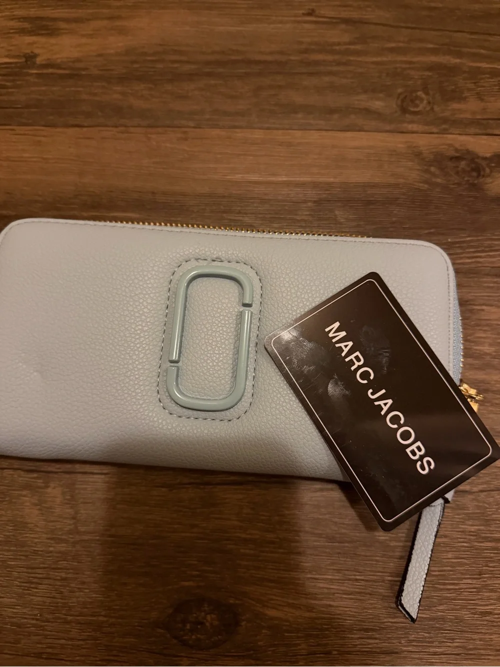 Marc Jacobs Light Blue Pebbled Leather Zip Wallet with Signature Logo